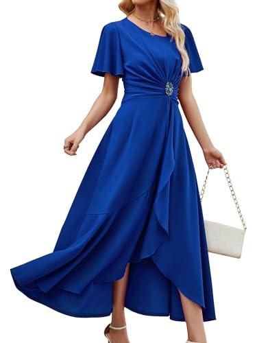 QMZ Wedding Guest Dresses for Women Have Pockets Cocktail Dress Ruffle Sleeve A Line Evening Party Formal Dresses for Women-Royal Blue-L