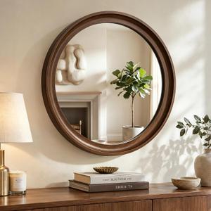 Round Wood Mirror, 24" Circle Mirror with Wooden Frame, Walnut Brown