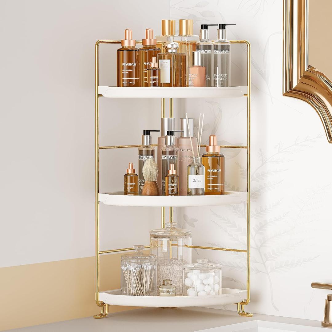 FSyueyun 3-Tier Bathroom Corner Shelf Organizer Countertop, Kitchen Spice Rack Vanity Tray Perfume Makeup Organizer Cosmetic Storage Tray Standing Shelf (Gold)