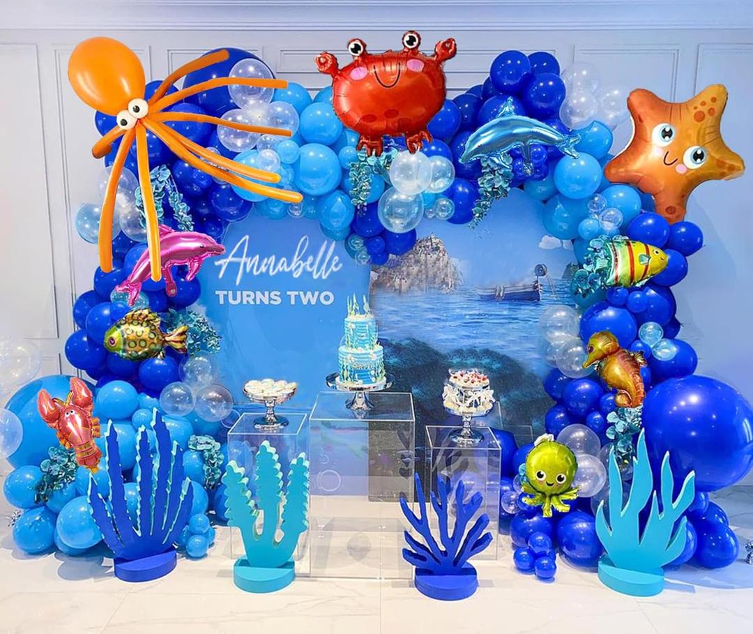 Ocean Themed Party Decorations 162pcs Blue Balloon Arch Garland Kit Clear Balloons Marine Animals Fish Balloons for Luca Shark Nemo Dory Birthday Under The Sea Baby Shower Decorations