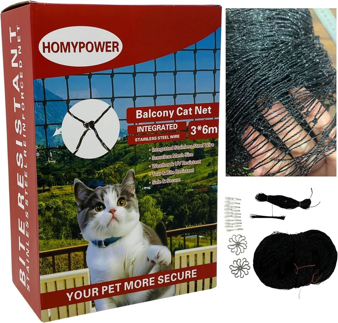Cat Netting Balcony, 10x20 ft Stainless Steel Reinforced Bite Tear UV and Weather-Resistant Anti-Fall Netting for Pets, Safety Net for Cat, Small Catio for Apartment Balcony Protection