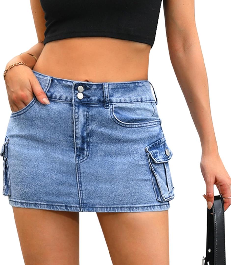 Womens Cargo Skirt Y2k Low Waist Button Bodycon Denim Mini Skirt with Flap Pockets (Blue)