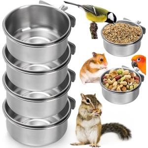 Okllen 4 Pack Bird Feeding Dish Cups, Detachable Stainless Steel Bird Food Bowls with Clamp for Chinchilla Parrot Cockatiel Conure Budgies Parakeet Small Animal