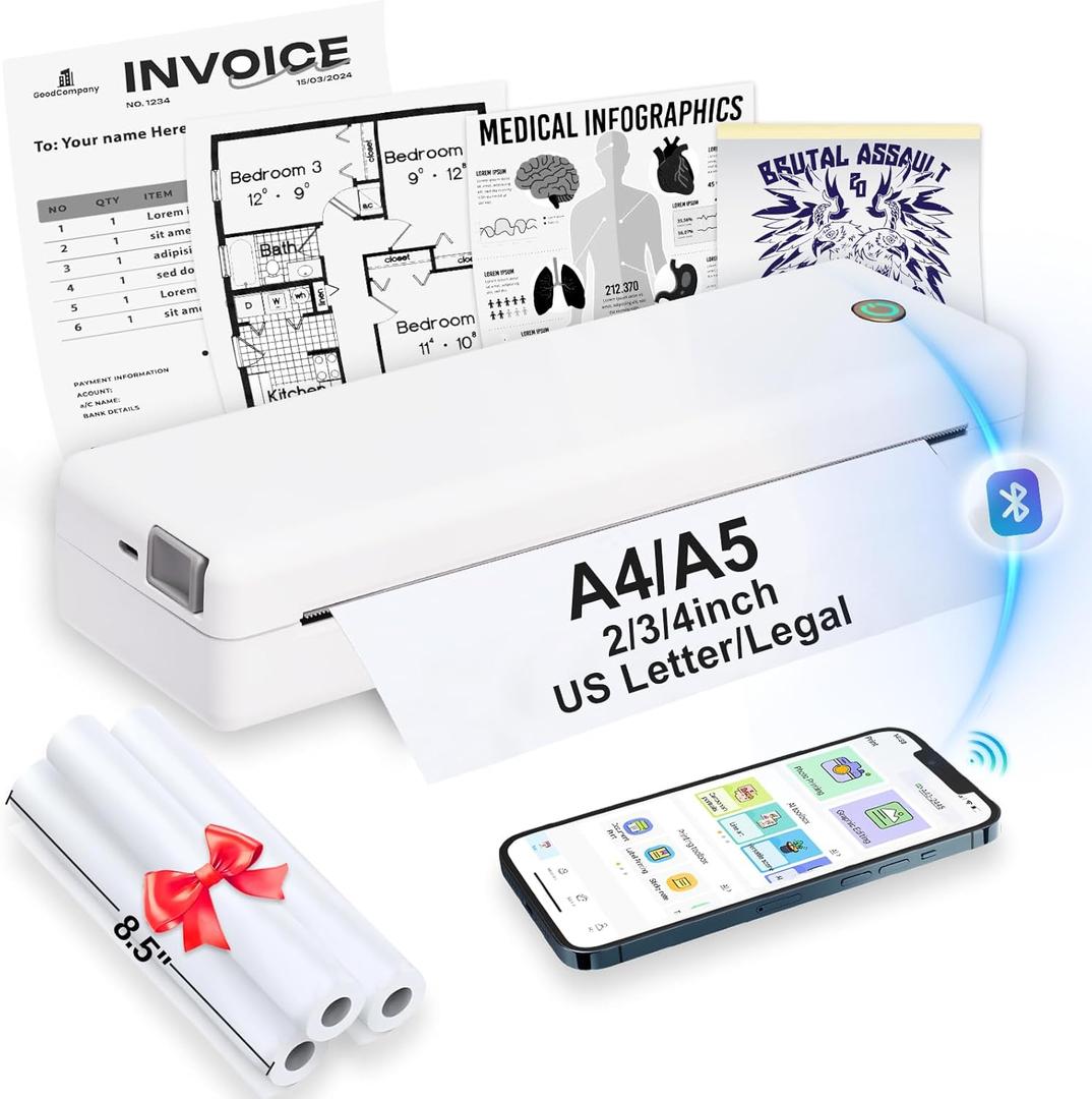 Portable Thermal-Printer Wireless for Travel - Inkless Bluetooth Small Printer W/3 Rolls Paper for Smart Phone & Computer, Support 8.5" X 11", US Letter &Legal, A4&A5, Tattoo Stencil Paper