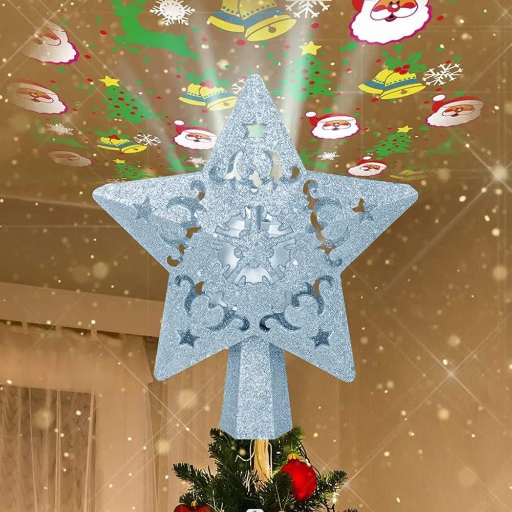YUEWO Star Christmas Tree Topper Lighted with LED Rotating Snowflake Projector Lights, 3D Hollow Silver Star Snow Tree Topper for Christmas Tree Decorations