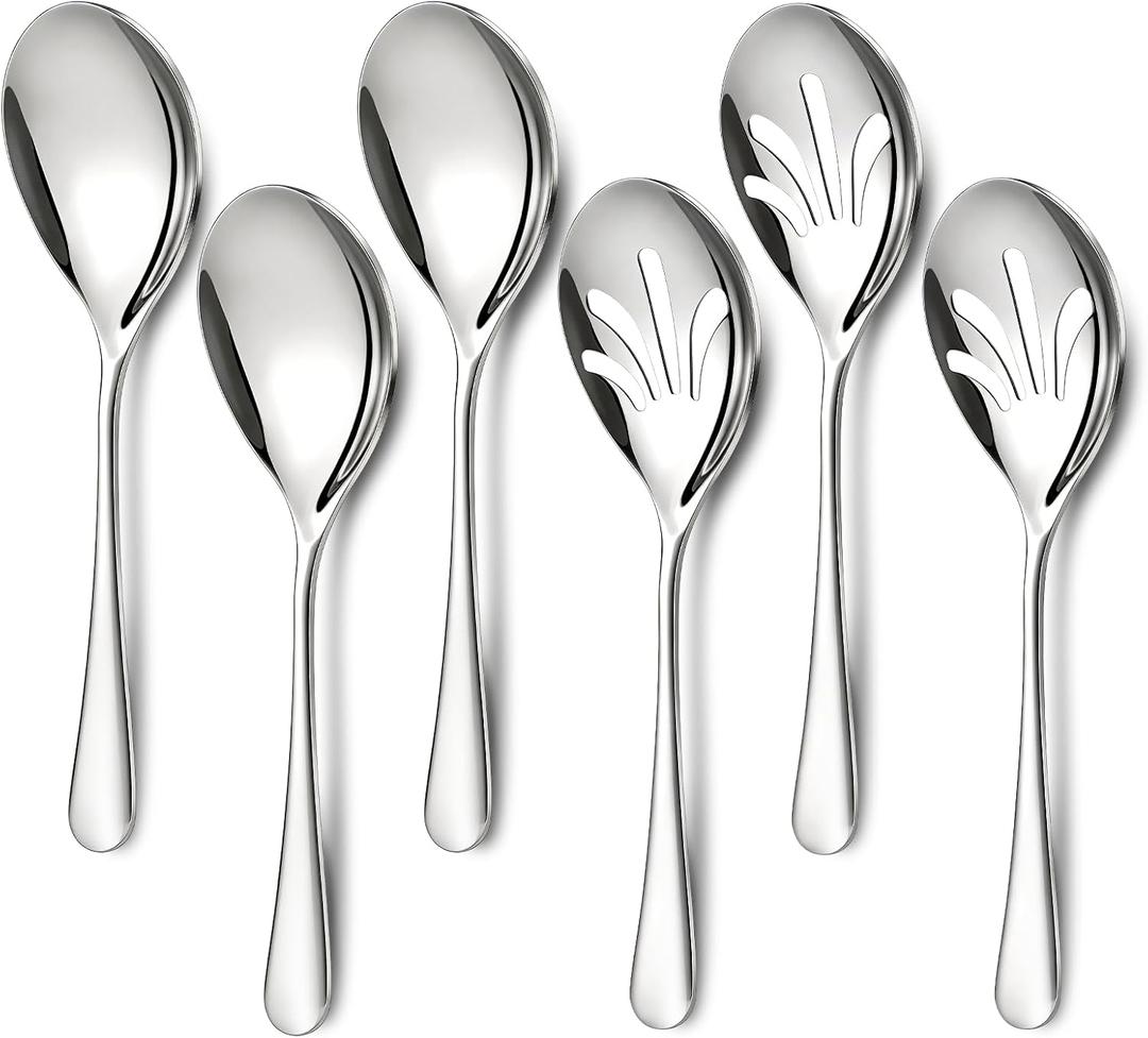 Mwellewm 6 Pcs Serving Spoons Set 9.5 Inch Large Stainless Steel Serving Spoons for Buffet Silver 3 Serving Spoons 3 Slotted Serving Spoons Dishwasher Safe for Parties Kitchen Buffet Catering Dinner