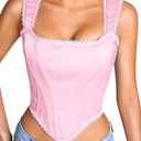 Women's Lustrous Satin Corset, Vintage Square Neck Lace Trim Bustier Crop Tops, Renaissance Fairy Outfits (00-0, Pink)