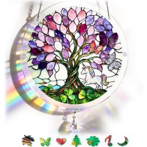 Sun Catcher with Tree of Life Design, 7.2 Inch Stained Glass Window Hanging, Colorful Suncatchers for Windows, Birthday Gifts for Women, Home & Garden Decor