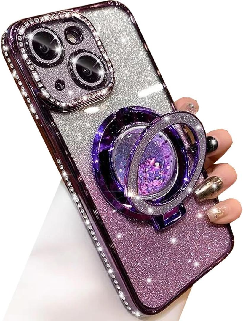 Glitter Kickstand Case for iPhone 15 Plus, Luxury Bling Sparkly Diamond Rhinestone with Camera Protector Liquid Flowing Ring Stand TPU Bumper Women Girls Case for iPhone 15 Plus 6.7" (Purple)