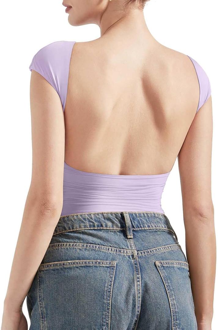 SUUKSESS Women Backless Sexy Going Out Tops Double Lined Open Back Y2k Basic Tee Shirts (Small, Lilac)