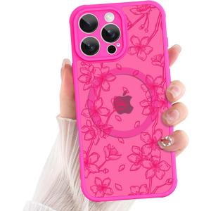ZIYE for iPhone 16 Pro Max Case Flower Floral Pattern Hot Pink Compatible with Magsafe Phone Case with Camera Protection,Soft TPU Bumper Hard PC Protective Magnetic Phone Cover