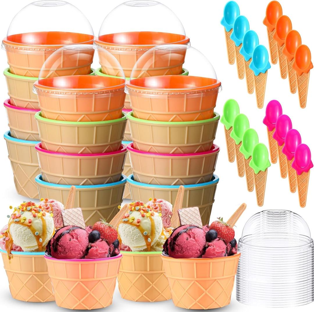 Teenyyou 48 Pcs Ice Cream Bowl Set Includes Plastic Ice Cream Bowls with Spoons and Lids 6-8 oz Reusable Frozen Yogurt Bowls Party Favors for Summer Holiday Sundae Birthday Bar Supplies(4 Colors)