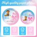 146Pcs Boots and Bows Gender Reveal Decorations Include Tableware-Plates-Napkins-Cups-Forks-Knives-Gender Reveal Tablecloth for Gender Reveal Decorations Serves 24