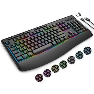 E-YOOSO RGB Wireless Keyboard, 3-Mode (2.4G/BT/USB), 9 Effects Backlits, Light Up Letters, Rechargeable Ergonomic Computer Silent Keyboard with Wrist Rest for Windows, Mac, PC, Laptop, Games