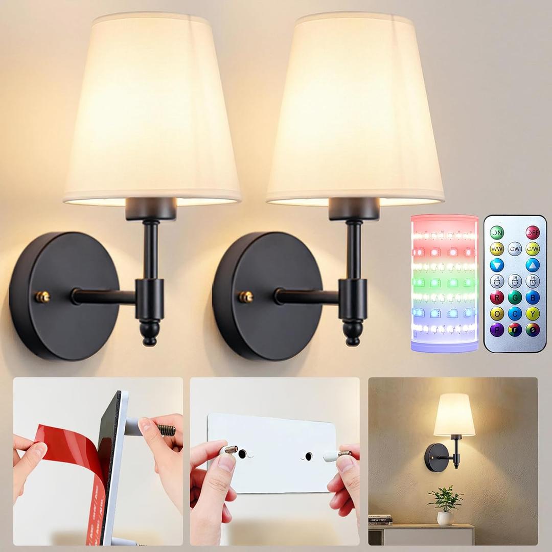 Battery Operated Wall Sconces Set Of Two, Wireless Battery Wall Light With 10000mAh RGB Rechargeable Magnetic Bulb, Rechargeable Wall Sconce With Remote Control For Bedroom, No Electrician Required (Black)