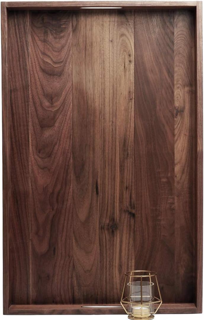 28 x 18 Inches Extra Large Rectangle Black Walnut Wood Ottoman Tray with Handles, Serve Tea, Coffee or Breakfast in Bed, Classic Wooden Decorative Serving Tray