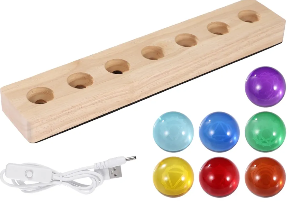 7 PCS Healing Crystal Spheres with LED Wooden Stand, 1.5 inch Colorful Glass Energy Balls Set with Geometric Carvings Inside, Meditation Decor & Ambient Night Light for Home Office