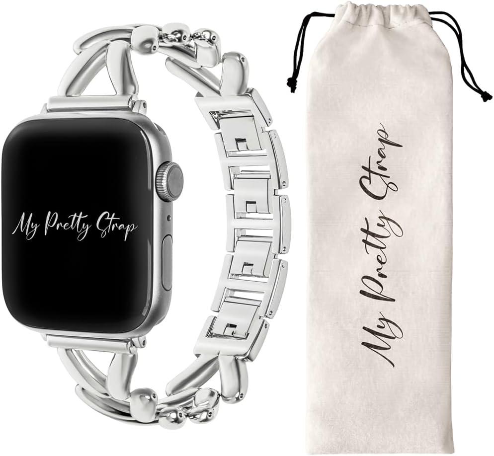 My Pretty Strap - Compatible Apple Watch Band Strap, Stainless Steel Fashion iWatch Replacement Strap- Easy Resizing, No Tool Needed, Fits Most Wrists- Series 1-11, SE and Ultra (44MM / 45MM / 46MM / 49MM / (Series 1-3 - 42MM), Ariel Silver)
