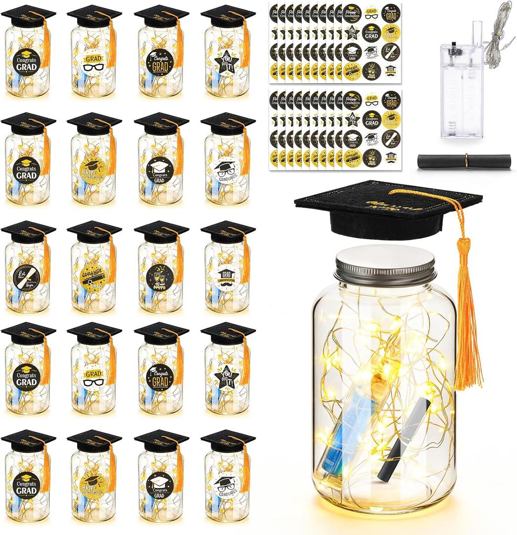 20 Sets 2026 Graduation Table Decoration with LED Lights, Mason Jar Graduation Centerpieces for Tables with Class of 2026 Felt Cap, Paper Roll, Stickers, College High School Grad Party Gifts(Black)