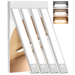 Under Cabinet Lighting Wireless, 4Pack Motion Sensor Light Indoor with 3 Color Temps, Dimmable Closet Lights Battery Operated, LED Magnetic Light, Rechargeable Under Counter Lights for Kitchen Home
