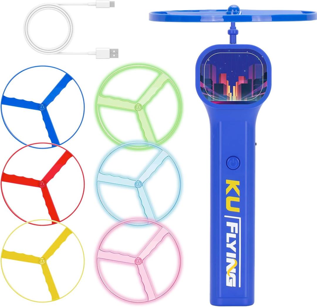 Rechargeable Disc Launcher with 6 Flying Spinners for Outdoor Activities Game White Elephant Gift Fidget Toys (Blue)