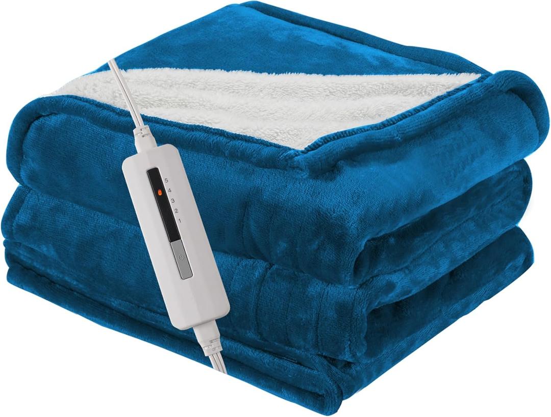 Electric Heated Blanket 62"x84" Twin Size for Safe All Night Rest, Flannel Material&Sheepskin Fabric for Bedroom Couch Use, 5 Heat Settings & 10 Hours Auto Off, Machine Washable, Lake Blue&White (11-lake Bule)