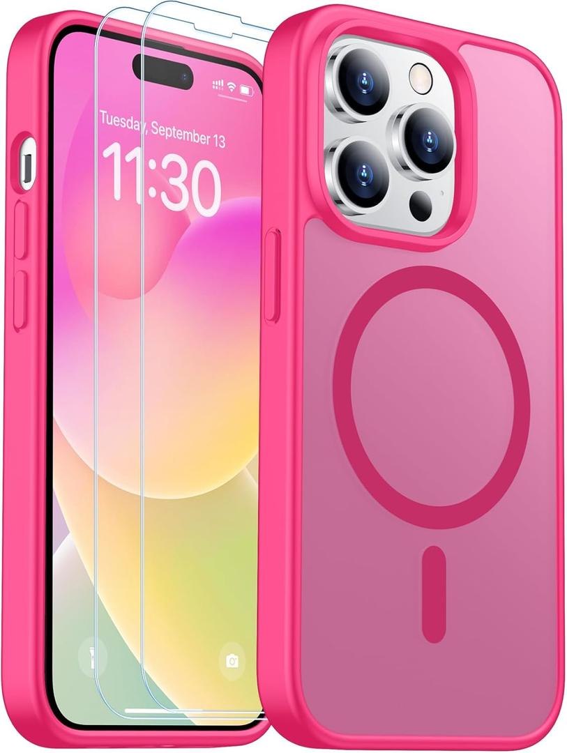 SPIDERCASE for iPhone 14 Pro Case, Magnetic Translucent Matte Case with 2PCS Tempered Glass Screen Protector Slim Phone Case for iPhone 14 Pro 6.1'', Hot Pink