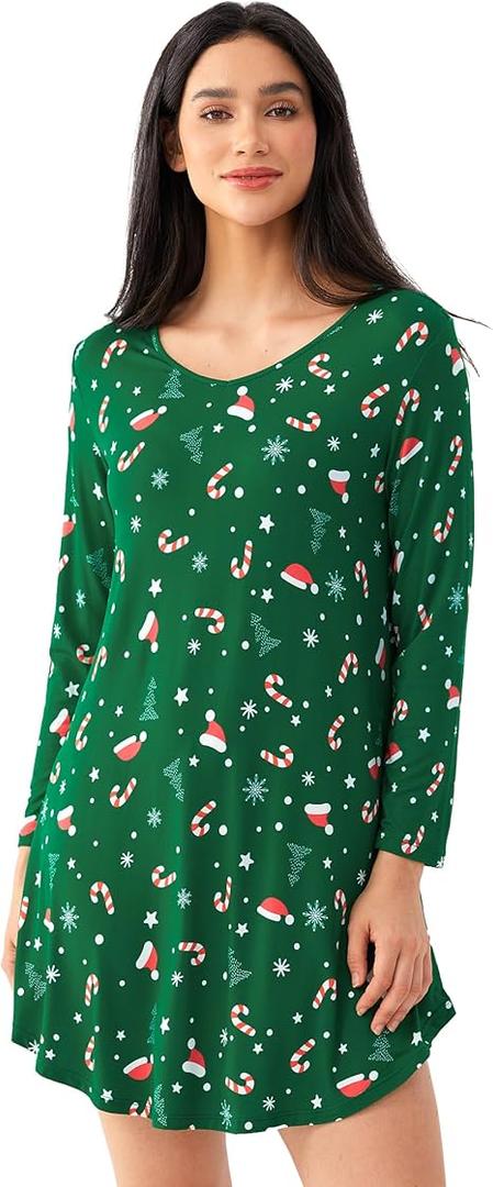 GYS Bamboo Viscose Nightgowns for Women, Soft Long Sleeve V Neck Night Shirts Sleepwear, Below the Knee Long Nightgown Pajama XL Crewneck/Xmas Green