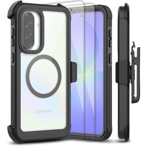 for Samsung Galaxy A36 5G Case, [Transparent & Holster Series] Belt Clip Full Body Shockproof Protective Cell Phone Cover with 2 Pack Tempered Glass Screen Protector (Black/Clear)