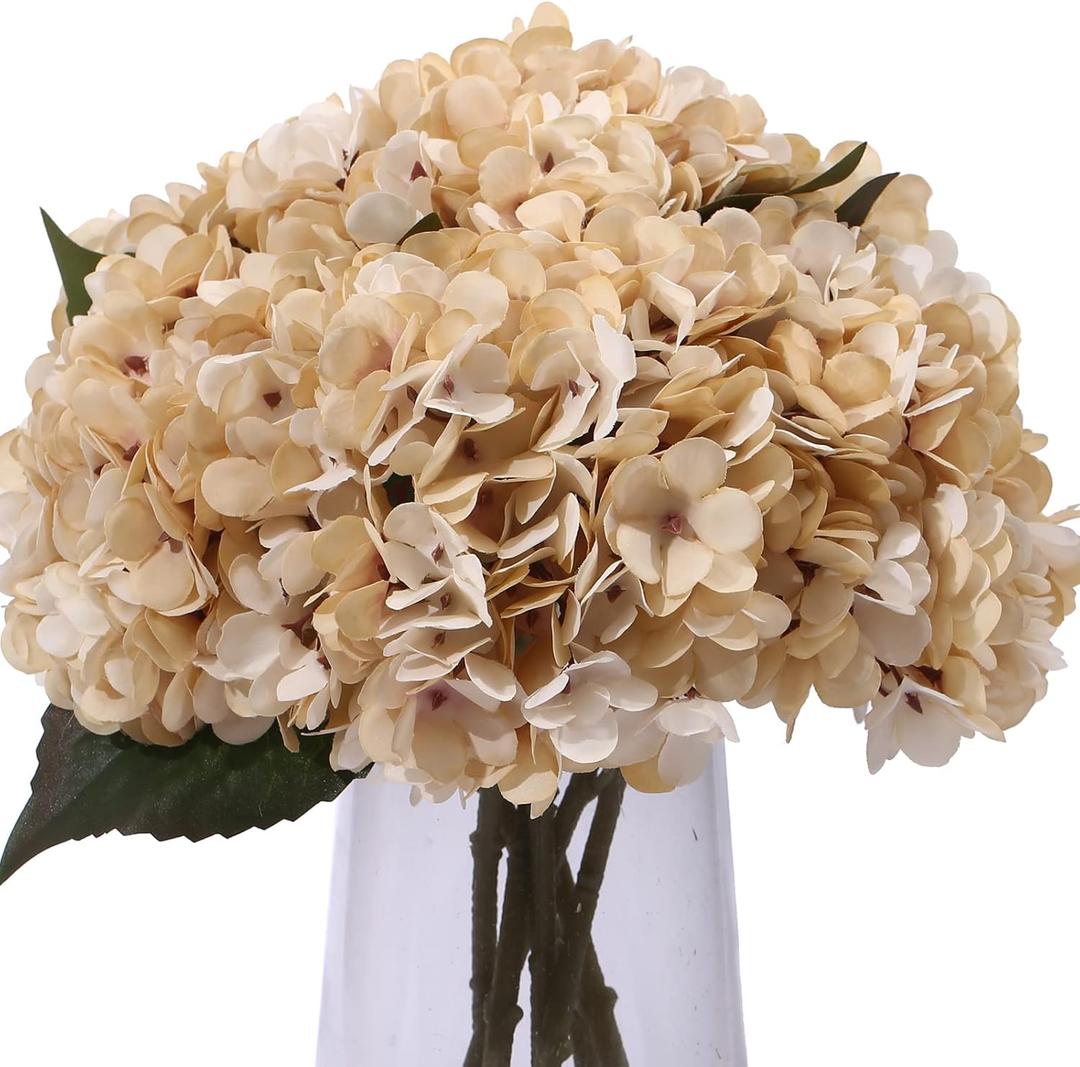 Kimura's Cabin 4 pcs Cream Fake Hydrangea Flowers Artificiales Bouquets Faux Silk Hydrangea with Stems for Home Wedding Party Table Core Decoration (Beige)