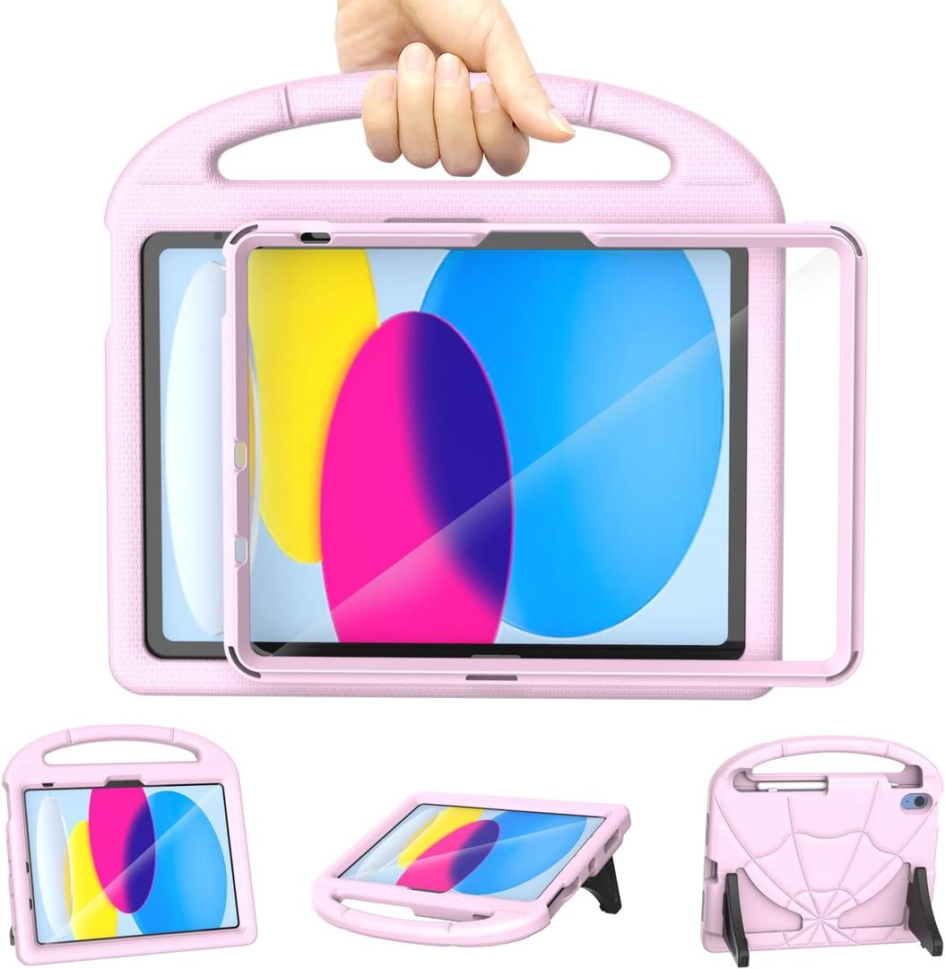 Kids Case for iPad A16 11th Generation 11Inch 2025/ iPad 10th Generation 10.9Inch 2022, Sanyetral Lightweight Cover with Screen Protector/ Pencil Holder/ Handle/ Stand for iPad 10th/ 11th -Light Pink