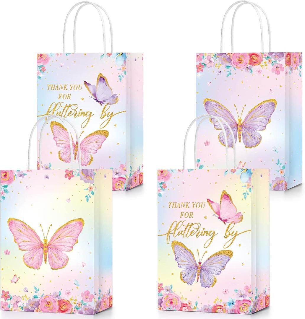 TaoBary 24 Pcs Butterfly Party Favors Gift Goodie Treat Candy Bags Thank You for Fluttering by Paper Bags with Handles for Girls Butterfly Birthday Party Supplies Baby Shower(Watercolor Style)
