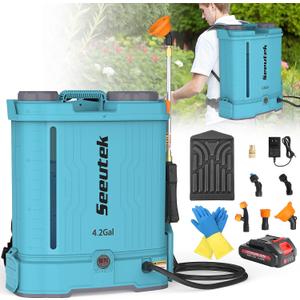 Seeutek Backpack Sprayer Battery Powered 4.2 Gallon, 0-100 PSI Electric Back Pack Sprayer with Mix Function, Weed Yard Sprayer with Telescopic Wand, 6 Nozzles, 21V 2.6Ah Battery & Charger Included