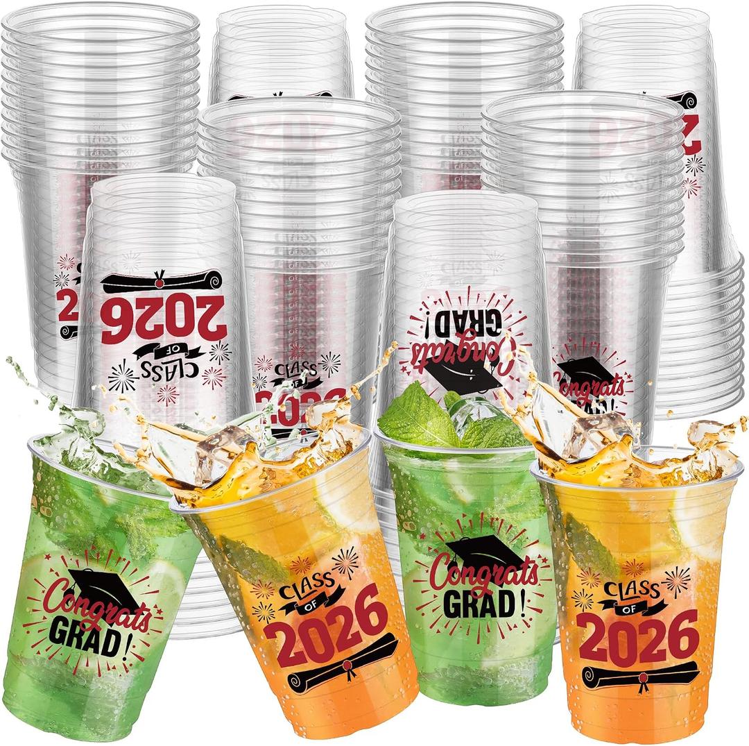 120 Pack Disposable Graduation Plastic Cups, 16 Ounce Drinking Cup Graduation Party Supplies Congrat Grad Tableware Party Favors, Red