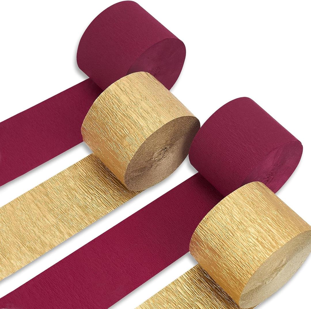 PartyWoo Crepe Paper Streamers 4 Rolls 328ft, Pack of Burgundy and Gold Crepe Paper for Party Decorations, Wedding Decorations, Birthday Decorations, Baby Shower Decorations (1.8 Inch x 82 Ft/Roll)