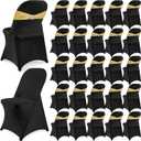Preboun 50 Pack Folding Chair Cover Set with 25 Spandex Chair Slipcovers 25 Sequin Chair Sashes Bow Washable Chair Protector Chair Cover for Party Wedding Banquet Event (Black and Gold)