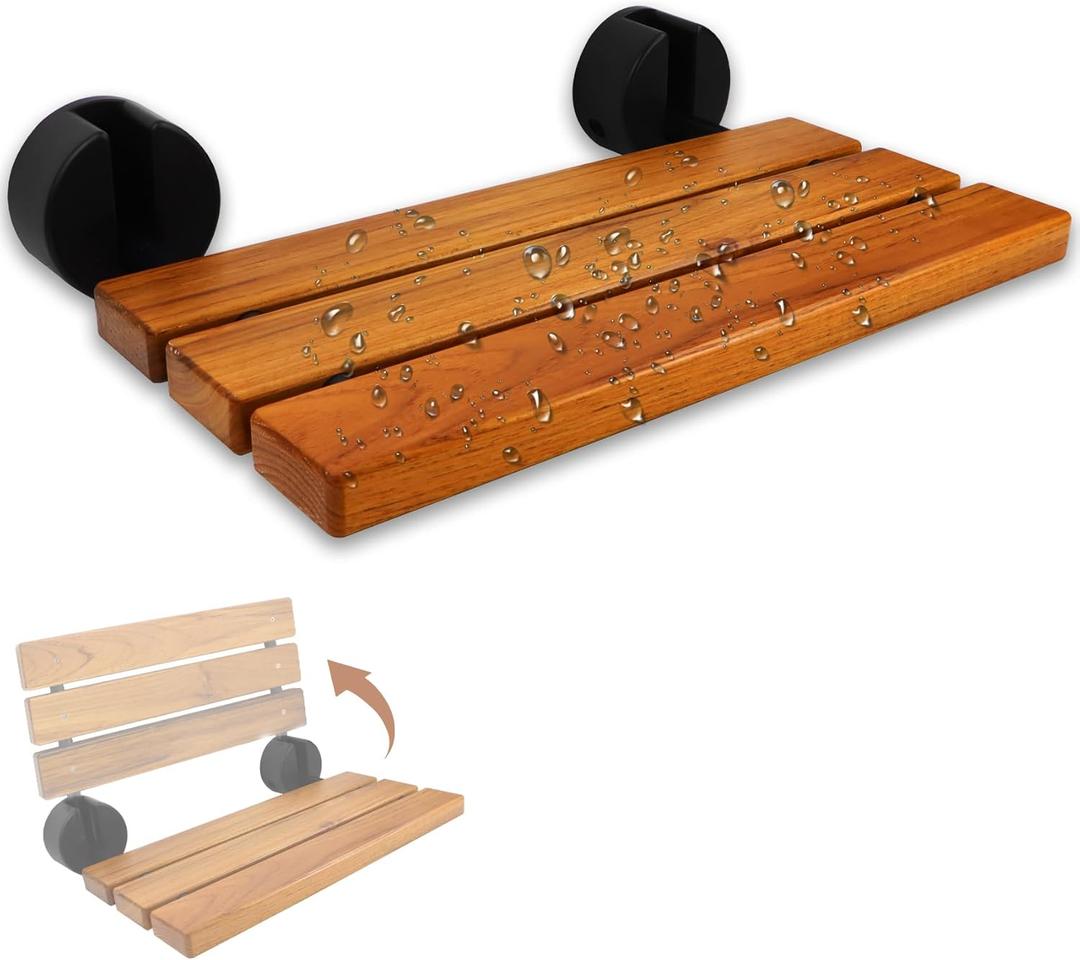 20 Inch Wall Mounted Shower Bench, Folding Teak Shower Seat, Solid Teak Wood Bath Seat, Non-Slip Spa Bench for Elderly & Handicap, Space-Saving Bathroom Accessories (New Black Matte)