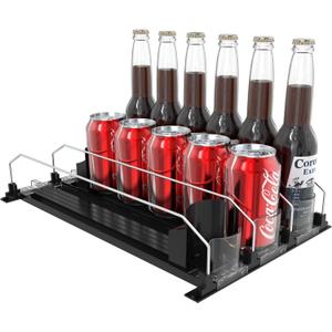 Hmdivor 3 Rows Drink Organizer for Fridge, 15'' Soda Can Dispenser for Refrigerator with Pusher Glide, Width Adjustable Fridge Can Organization Hold Up to 25 Cans (Black)