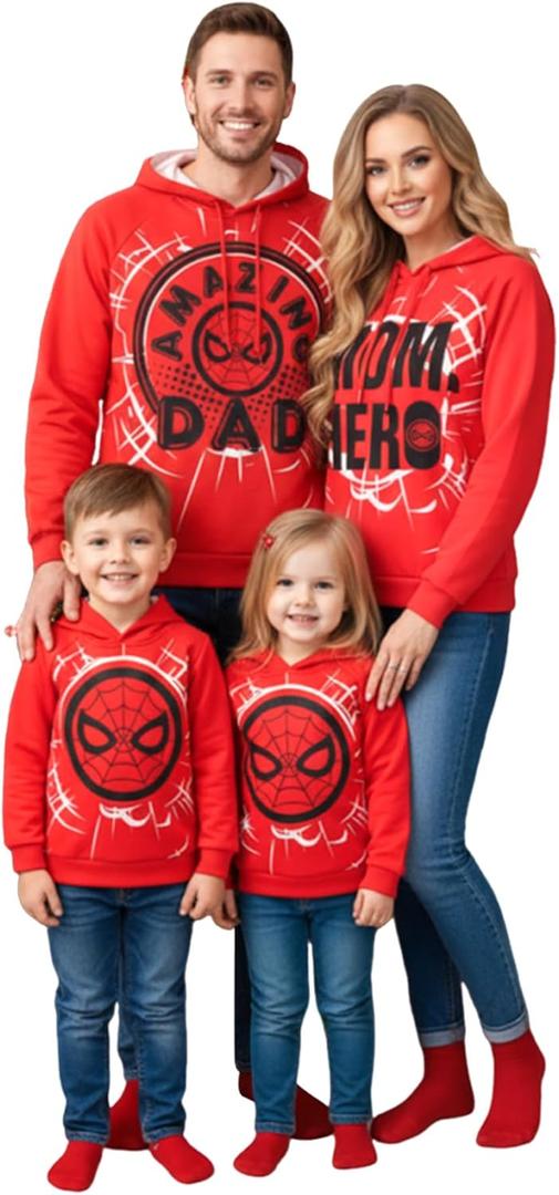 Disney Mickey and Friends Family Matching Christmas Hooded Sweatshirt Casual Mickey Snow Pattern Long Sleeve Pullover Hoodies (Large, Red Spiderman)