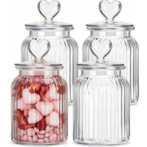 Potchen 4 Sets 32oz Cookie Jars Glass Candy Jar with Heart Lids Decorative Heart Containers Food Storage Canister with Airtight Lid for Valentines Party Table Decoration(Clear Lid)