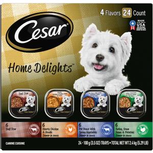 Cesar Home Delights Adult Wet Dog Food, Pot Roast with Spring Vegetables, Beef Stew, Turkey, Green Beans, & Potatoes, and Hearty Chicken & Noodle Variety Pack, 3.5 oz. (24 Count, Pack of 1)