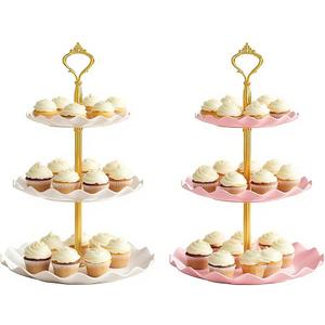 2 PCS 3 Tier Cupcake Stand Holder, Plastic Cupcake Holder Towel with Multiple Layers of Trays, Used for Cupcakes, Donuts, Fruits, Etc., White (White+Pink)