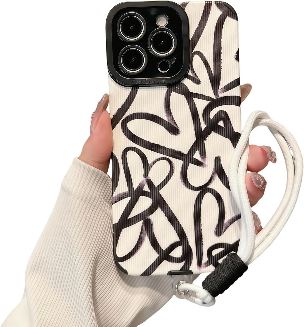 Cute Graffiti Hearts Pattern Phone Case for iPhone 13 Pro Max, Soft TPU Full Protection with Wristband, Aesthetic Anti-Fingerprint Anti-Slip Design for Women & Girls