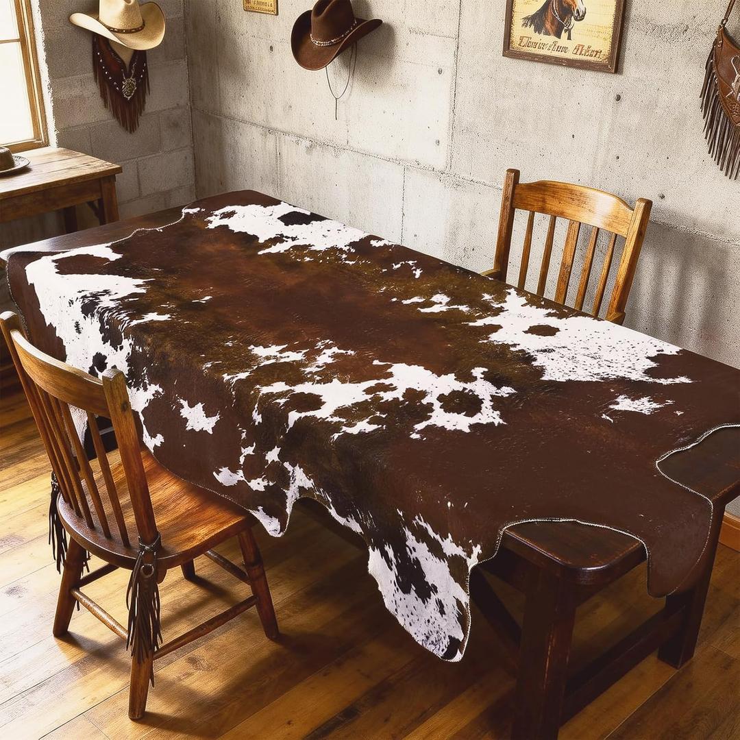 Tegeme 59 x 35 Inches Cowhide Tablecloth Cow Print Western Cowboy Party Decorations Brown White Kitchen Decor Table Cloth Cover for Western Birthday West Country Wedding Party Decor Supplies