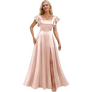 IIF Women's Square Neck Bridesmaid Dresses with Ruffle Sleeves Satin A Line Long Formal Evening Dresses with Slit Blush Pink US Size 12 IIF134