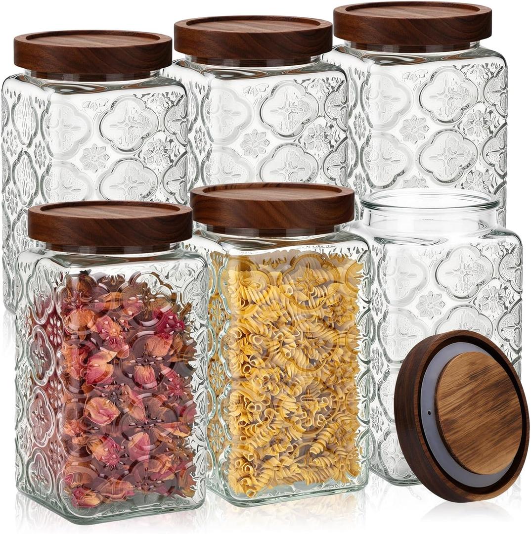 Domensi 6 Pack Vintage Glass Jars with Lids 34 oz with Begonia Pattern Acacia Wood Mason Jar Lids Airtight Pantry Containers for Kitchen Countertop Tea Coffee Spices and Snacks
