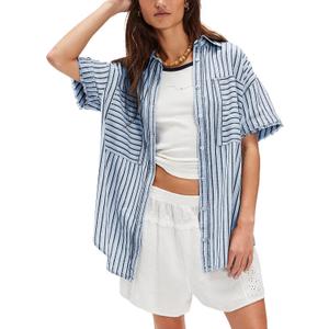 Womens Striped Button Down Shirts Casual Collared Short Sleeve Blouses Tops (XL)