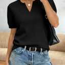 WIHOLL Short Sleeve Sweater Tops 2026 Spring Summer Trendy Knit Business Casual Essential V Neck Sweaters (Black, L)