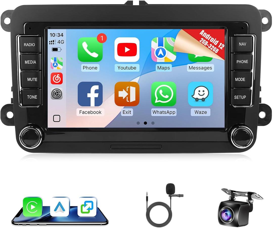 Naifay Android 12 Car Stereo for VW Volkswagen Jetta Passat Beetle Tiguan Touran Caddy Seat Golf, 7inch Touchscreen for Jetta Radio with CarPlay Android Auto Bluetooth GPS WiFi FM Camera MIC