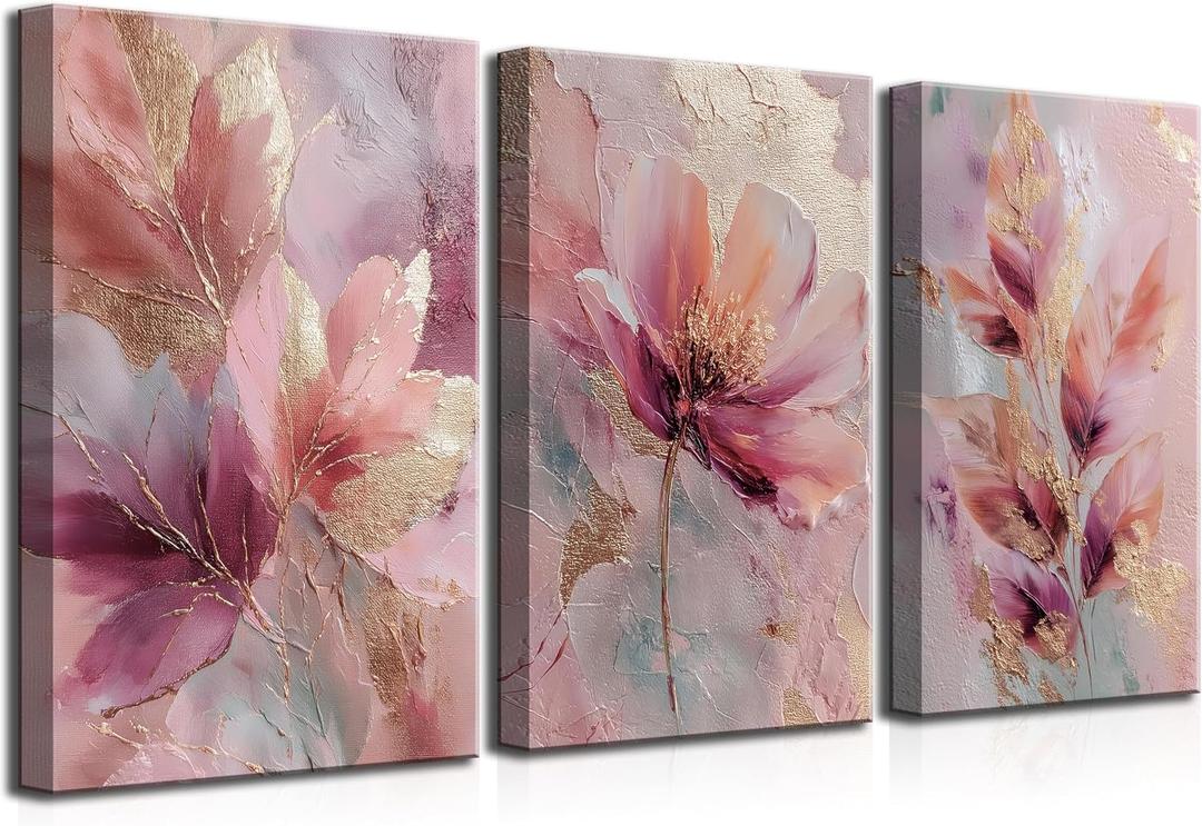 3Pcs Pink Gold Abstract Floral Canvas Wall Art Modern Luxury Elegant Floral 3D Textures Painting Picture Wall Decor Posters Prints Artwork for Living Room Bedroom Home Decoration